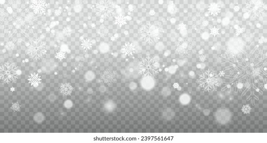 Caer nieve en un fondo transparente. Ilustración del vector 10 EPS. Resumen del fondo de copos de nieve. Caída de la nieve.