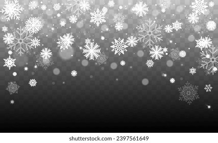 Falling snow on a transparent background. Vector illustration 10 EPS. Abstract snowflake background. Fall of snow.