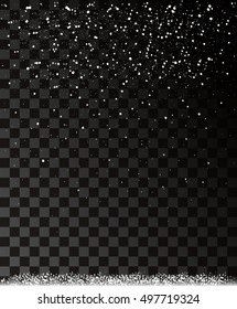 Falling snow on a transparent background Season decorative background. New Year holidays vector illustration blurry lights Merry Christmas and Happy New Year Card Xmas Decorations
