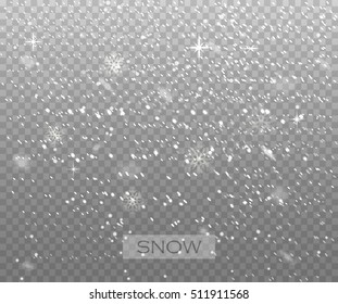 Falling snow on a transparent background. Vector illustration 10 EPS. Abstract snowflake background. Fall of snow.