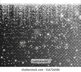 Falling snow on a transparent background. Vector illustration 10 EPS. Abstract snowflake background. Fall of snow.