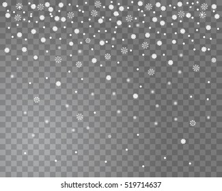 Falling snow on a transparent background. Abstract snowflake background for your winter design. Vector illustration