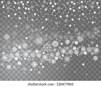 Falling snow on a transparent background. Abstract snowflake background for your Christmas design. Vector illustration.