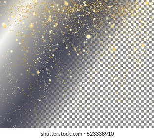Falling snow on a transparent background. Abstract gold glittering star dust background.