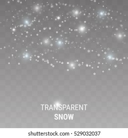 Falling snow on a transparent background. Shiny snowflakes