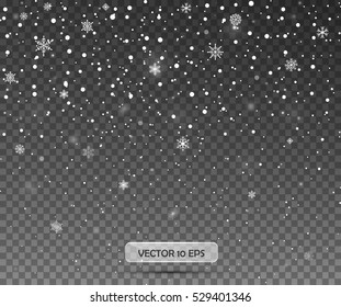 Falling snow on a transparent background. Vector illustration Eps 10. Abstract snowflake background. Fall of snow.