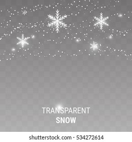 Falling snow on a transparent background. Shiny snowflakes.