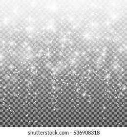 Falling snow on a transparent background. Vector illustration 10 EPS. Abstract white glitter snowflake background. Fall of snow. Magic Christmas eve snowfall. 