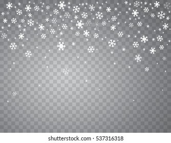 Falling snow on a transparent background.  Abstract snowflake background for your Christmas, New Year or winter design. Vector illustration