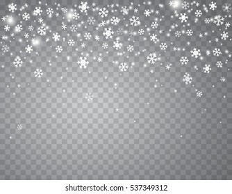 Falling snow on a transparent background. Abstract falling snowflakes with glowing lights effect background for your winter design. Vector illustration