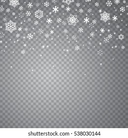 Falling snow on a transparent background. Abstract translucent snowflake background for your winter design. Vector illustration.