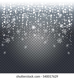 Falling snow on transparent background. Winter Holiday landscape for Merry Christmas and Happy New Year greeting cards. Christmas decoration with white snowflakes and snowfall Vector illustration 2022