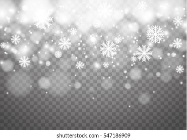 Falling snow on a transparent background. Vector illustration 10 EPS. Abstract snowflake background. Fall of snow.