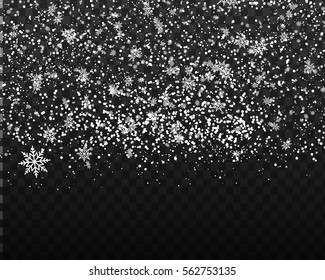 Falling snow on a transparent background. Vector illustration 10 EPS. Abstract snowflake background. Fall of snow.