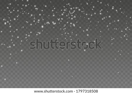 Falling snow on a transparent background. Beautiful falling snow Christmas background. Actual winter silver snowflake overlay template.