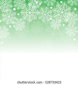 Falling snow over green background, vector illustration. Winter snowflakes