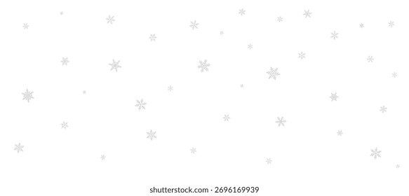 Falling snow. Snow overlay background. Grey white snowflakes in different shapes isolated on transparent background. Snowfall. Decorative Christmas graphic objects, winter banner. Vector illustration.