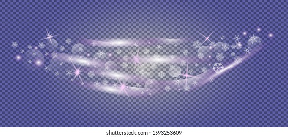 Falling snow overlay banner vector. Violet snowflakes and sparkles are flowing on transparent background. Purple snowballs for xmas and New year greeting cards, posters.
