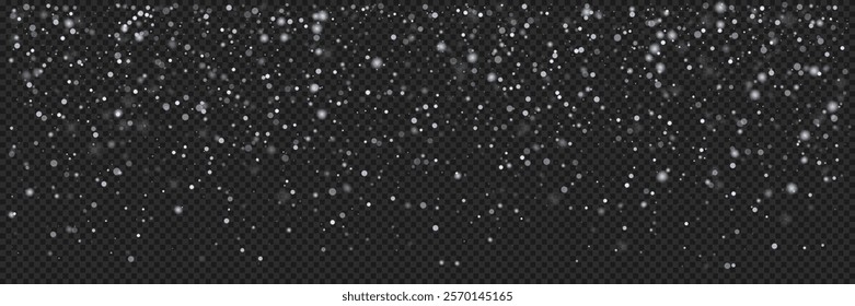 Falling snow overlay on transparent background. Vector illustration of winter white glow snowflake texture for christmas greeting card. Xmas magic snowfall backdrop.