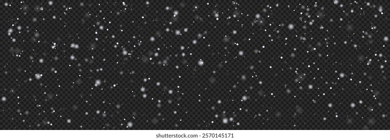 Falling snow overlay on transparent background. Vector illustration of winter white glow snowflake texture for christmas greeting card. Xmas magic snowfall backdrop.