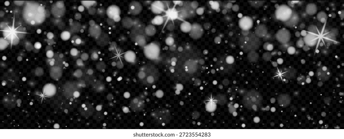 Superposición de nieve caída con copo de nieve blanco transparente y brillo para el fondo de invierno. Efecto nevado realista con patrón de escarcha brillante en el cielo frío de la noche. Vector aislado png textura.