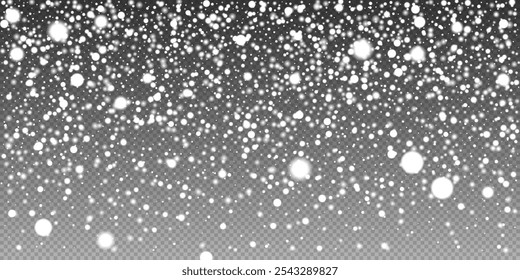 Falling snow overlay with varying sizes of white snowflakes and particles on  transparent background, ideal for creating realistic winter or Christmas effects. Vector illustration