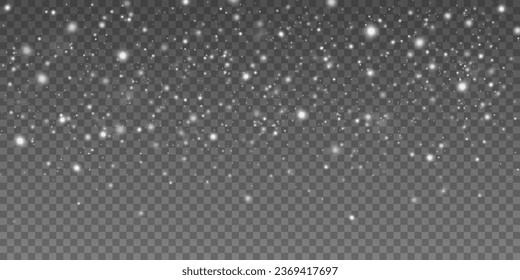 Falling snow particles blurred in motion on dark transparent background. Christmas snow dust. Vector illustration. EPS 10.