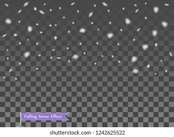 Falling snow, random elements. New year, Christmas decor overlay. Vector illustration on isolated transparent background.