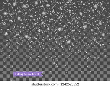 Falling snow, random elements. New year, Christmas decor overlay. Vector illustration on isolated transparent background.