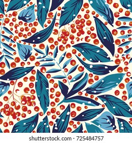 Falling snow rowanberry and leaves seamless light yellow background