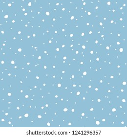 Falling snow seamless pattern. White snow and blue sky vector background. Winter snowfall.