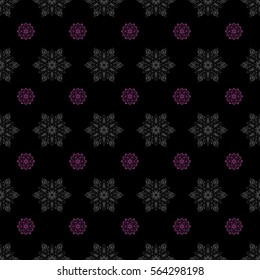Falling snow. Seamless texture with gray and purple snowflakes and dots on a black background. Starry Sky.