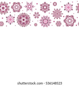 Falling snow. Seamless texture with magenta, pink and purple snowflakes and dots on a white background. Starry Sky.