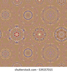 Falling snow. Seamless texture with stylized snowflakes and dots on a beige background. Starry Sky.
