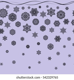 Falling snow. Seamless texture with stylized snowflakes and dots on a neutral background. Starry Sky.