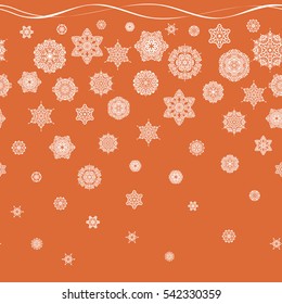 Falling snow. Seamless texture with stylized snowflakes and dots on a orange background. Starry Sky.