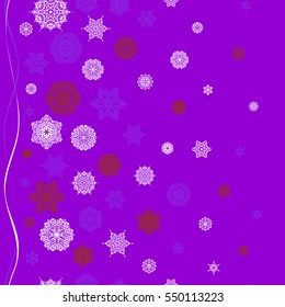 Falling snow. Seamless texture with stylized snowflakes and dots on a violet background. Starry Sky.