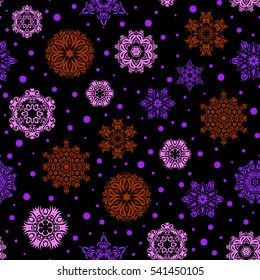 Falling snow. Seamless texture with violet, pink and brown snowflakes and dots on a black background. Starry Sky.