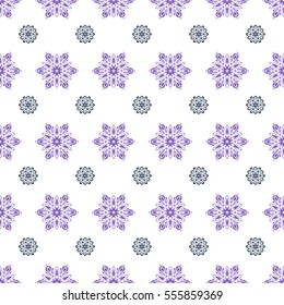 Falling snow. Seamless texture with violet and blue snowflakes and dots on a white background. Starry Sky.