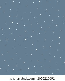 Falling snow, small polka dots, simple childish winter seamless pattern, white on blue background. Hand drawn vector illustration. Design concept for kids textile, fashion print, wallpaper, packaging.