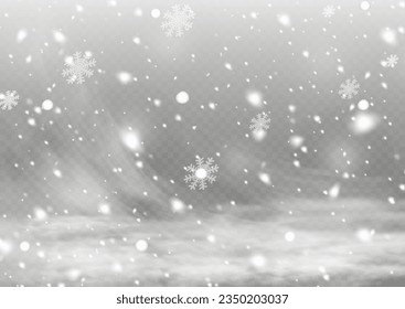 Falling snow with snowflakes and clouds. Mector illustration. Light, dust, winter, blizzard, christmas, vector. The effect of a frosty storm, snowfall, ice. Falling snow effect with snowflakes