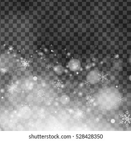 Falling snow, snowflakes effect with blurred bokeh isolated on transparent background. Vector illustration.  