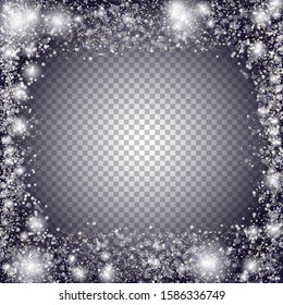 Falling snow or snowflakes. Isolated on transparent background. Winter decorative element for the design of postcards, pages, flyers, booklets/ Frost background. Snow frame. Vector illustration. EPS10