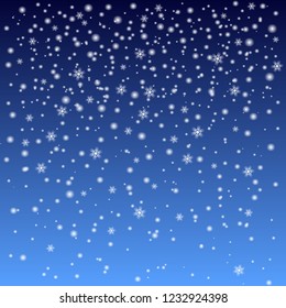 Falling snow and snowflakes on dark blue background with gradient. Christmas vector illustration