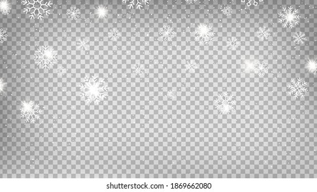 Falling snow. Snowflakes on transparent background, shine winter season vector illustration