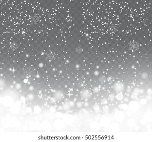 Falling snow with snowflakes on transparent background. Winter snowfall. Holiday Lights Happy New Year and Merry Christmas.