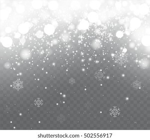 Falling snow with snowflakes on transparent background. Winter snowfall. Holiday Lights Happy New Year and Merry Christmas.