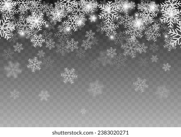 Cae nieve y copos de nieve en varias capas. Ilustración vectorial.