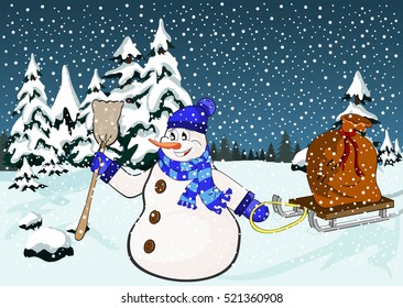 falling snow and snowman pulling gift bag in a fabulous new year's eve