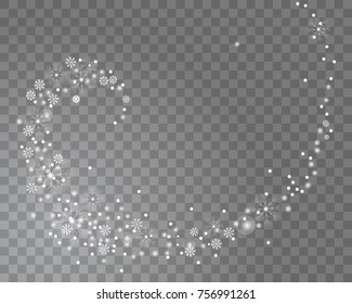 Falling snow spiral on a transparent background. Abstract snowflake background for your Christmas design. Vector illustration.